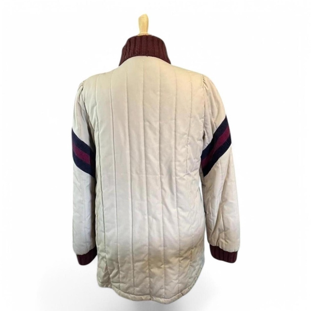VTG 80s JCPenney Sz M Quilted Bomber Jacket Korea Cream Burgundy Stripe - Picture 2 of 9